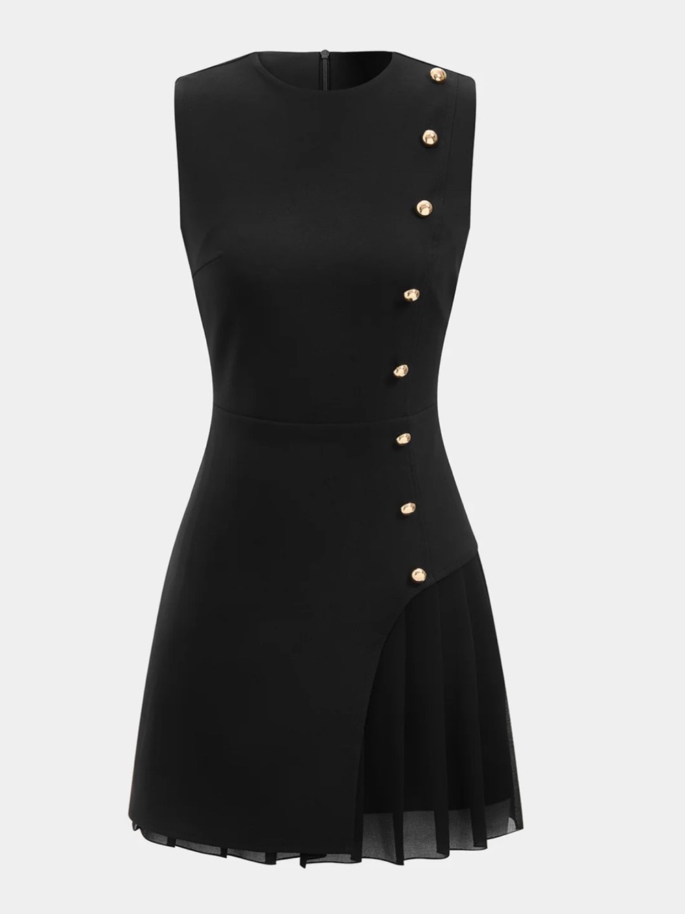 Commense Black Button Detail Pleated Hem Sleeveless Mini Dress